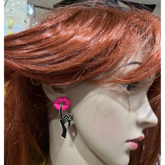 Hot pink stud earrings big statement large hot pink black stud neon chunky lips - Picture 3 of 6